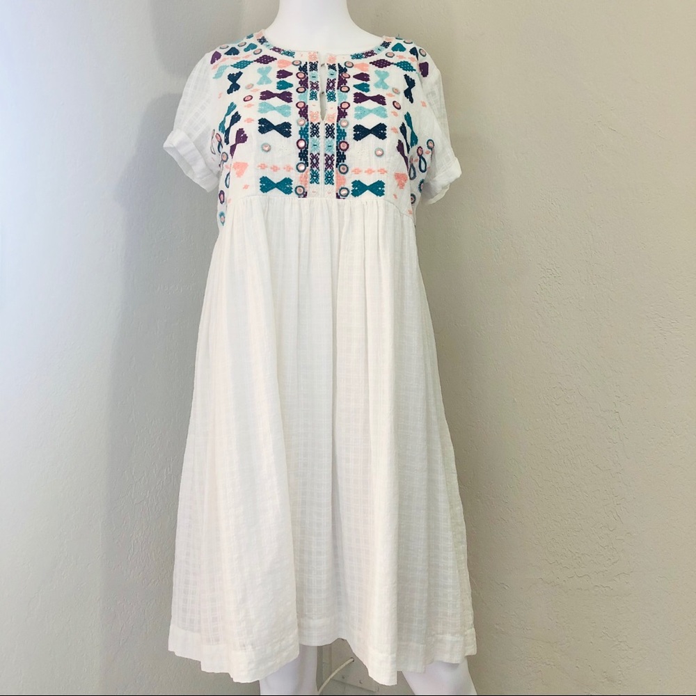 Roberta Roller Rabbit White Midi Dress with Teal Pink Purple Embroidery